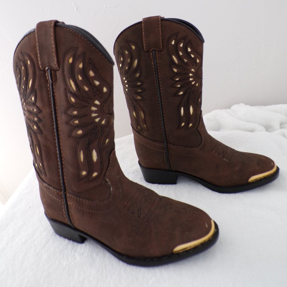 Toddler Gold Tone Metal Toe Bird Detail Western Cowboy Cowgirl Dance Boots EUC